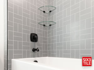Six3Tile_CustomTubSurroundPowerHouse_6x6BasketweaveSoftware_lightgraygrout_Shelves